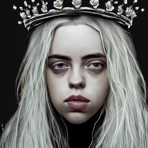 Image similar to portrait of Billie Eilish wearing a crown, dramatic lighting, detailed, very realistic, trending on Artstation, Cgsociety