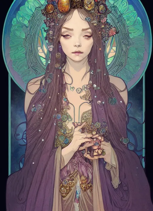 Image similar to portrait of jeanpierrepernauttv, cloak, royally decorated crystal gemstones, symmetrical face, art nouveau, portrait, cute, fairy, by mai yoneyama, kelly mckernan, greg rutkowski, alphonse mucha, detailed background, artstation, intricate, elegant, highly detailed, colorful, maximalist