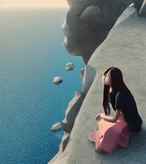 Prompt: a girl wearing a skirt sitting on a cliff overlooking a beach. intricate artwork by Tooth Wu and wlop and beeple. octane render, hyper realism, 8k