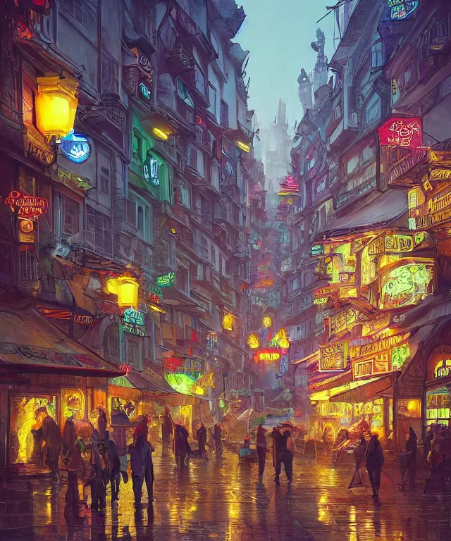 Image similar to insane perspective of colorful street vue from cyberpunk prague, intricate details, realistic shaded , humid ground, highly detailed, artstation, painting by François Schuiten and moebius, disney fantasy style, people and creatures walking, volumetric light, neon lights, rainy mood