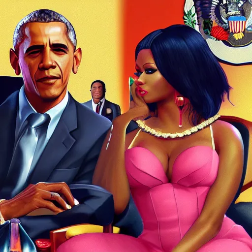 Prompt: nicki minaj sitting in the lap of barack obama in gta v cover art, hyper realistic, highly detailed, trending on artstation