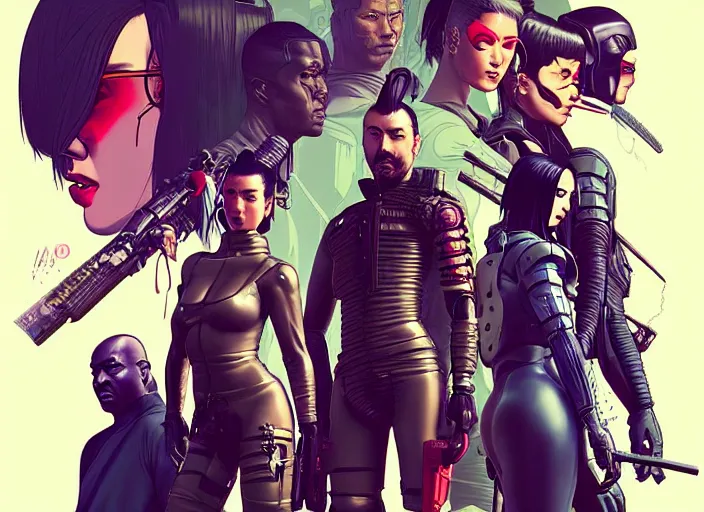 Image similar to cyberpunk samurai squad. portrait by stonehouse and mœbius and will eisner and gil elvgren and pixar. character design. realistic proportions. cyberpunk 2 0 7 7 character art, blade runner 2 0 4 9 concept art. cel shading. attractive face. thick lines. the team. diverse characters. artstationhq.