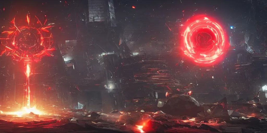 Image similar to a huge towering and broken stone tablet with red light + alien pattern, stands in the center of a prosperous city at the end of the world, and the power and energy is explode, secret, mysterious, doomsday, landscape, video game control, quantum break, arknights,