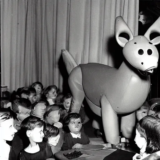 Prompt: 1 9 5 0's photograph of eerie animatronic animal at birthday party