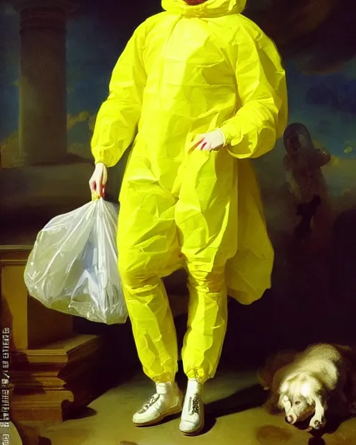 Prompt: a beautiful full body portrait of heisenberg wearing a yellow plastic lab coat, hazmat, bags of blue crystals surrounding him, art by franz xaver winterhalter, highly detailed, elegant, jewlery, romanticism, rococo, neoclassicism, 1 8 5 0 s style painting, oil on canvas, vivid