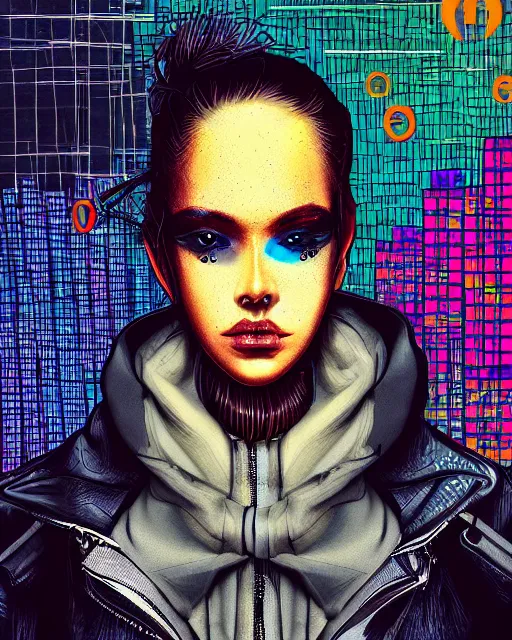 Image similar to cypherpunk fashion illustration, camera face, city street background with high tall buildings, abstract portrait highly detailed, finely detailed