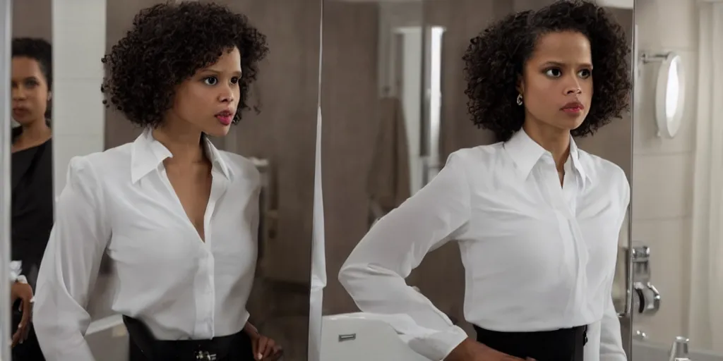 Image similar to ultra wide angle photo of gugu mbatha - raw dressed in a white blouse and black dress pants as diana prince looking at herself in a bathroom mirror and seeing her reflection as wonder woman