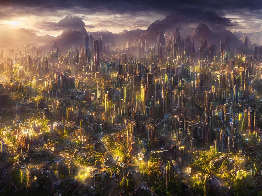 Image similar to solarpunk city by marc adamus, 4 k, photograph, professional, hdr, color corrected, highly detailed, sharp focus