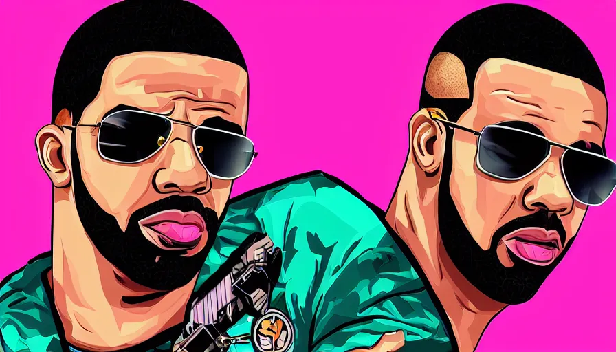 Prompt: drake in the style of gta vice city artwork, digital art