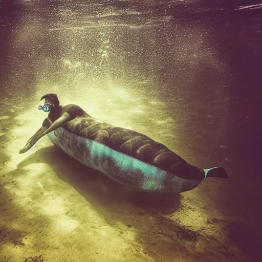 Prompt: Underwater photograph of a man swimming away in panic, being chased by a perry submarine, digital art