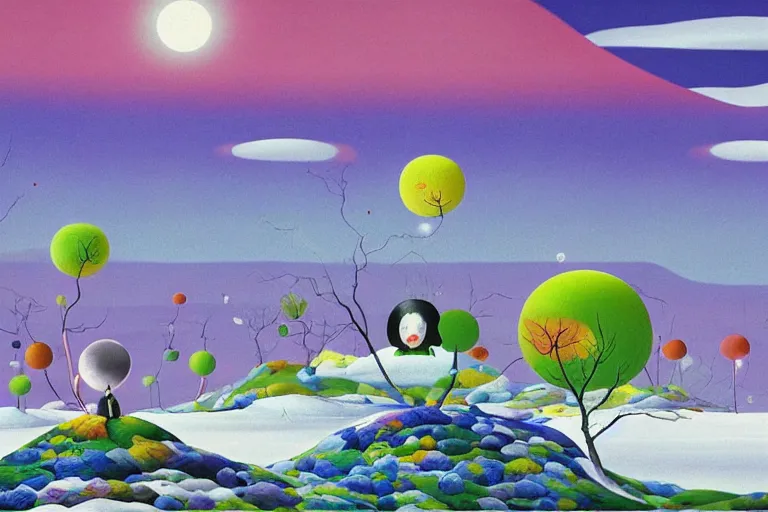 Image similar to A barren winter landscape by Chiho Aoshima and Salvador Dali