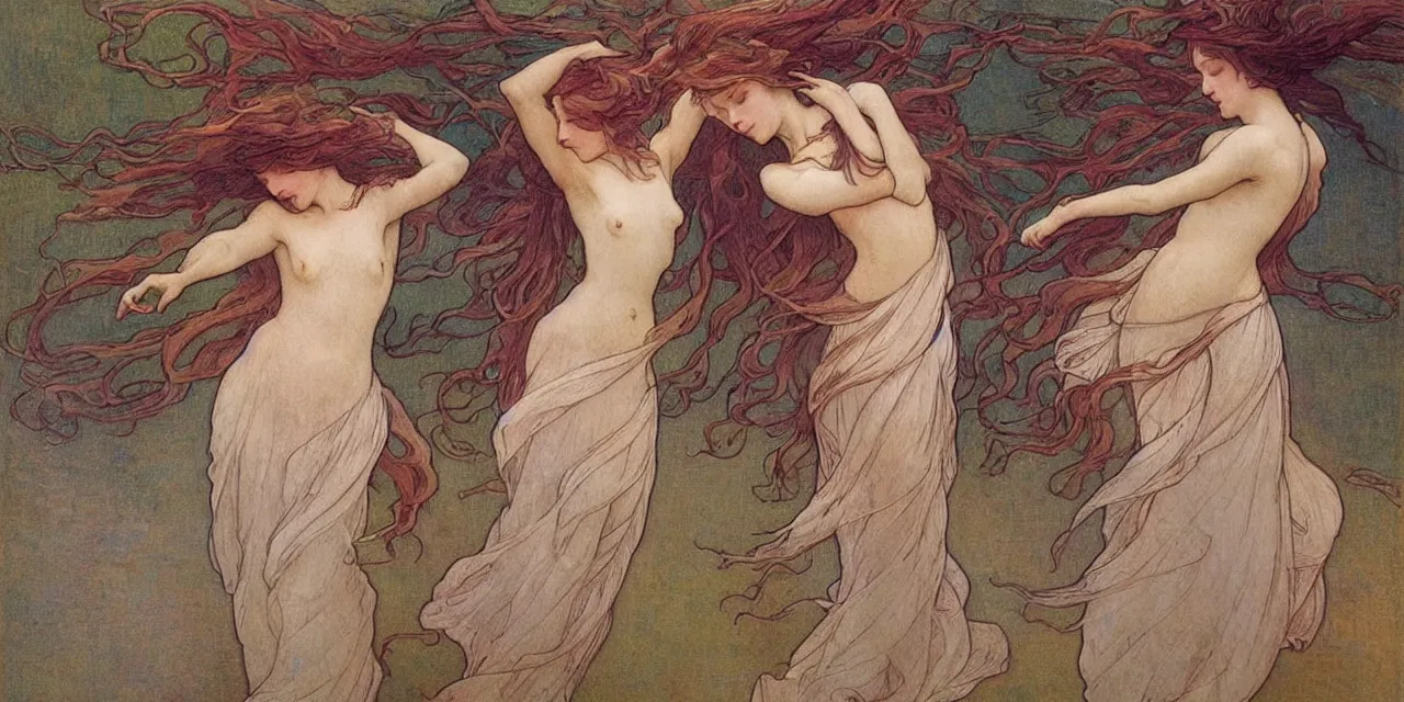 Prompt: two girl dancing ,flowing hair ,mucha