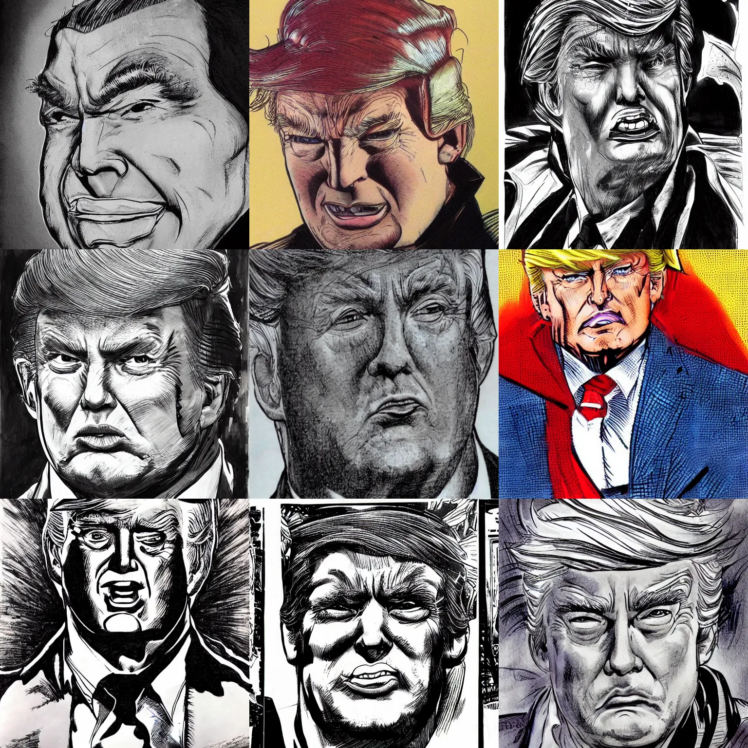 Prompt: jim lee!!! close up headshot of donald trump as superhero in the style of jim lee, comic book ink drawing by jim lee