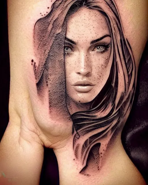 Image similar to creative double exposure effect tattoo design sketch of megan fox faded in beautiful mountain scenery, realism tattoo, in the style of matteo pasqualin, amazing detail, sharp