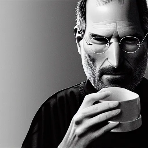 Prompt: A high definition photo of Steve Jobs drinking a cup of coffee in his living room, hyperdetailed, artstation, digital art, photorealism, accurate, 8k,