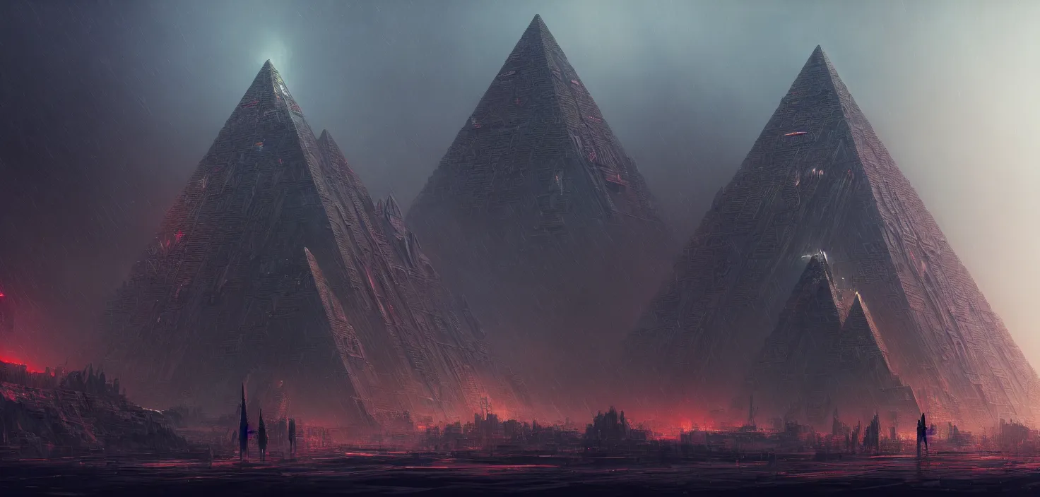 Image similar to cyberpunk egiptian pyramid overview, Greg Rutkowski, HR Giger, Wadim Kashin, in Zdzisław Beksiński color scheme, featured in artstation, octane render, cinematic, elegant, intricate, 8k