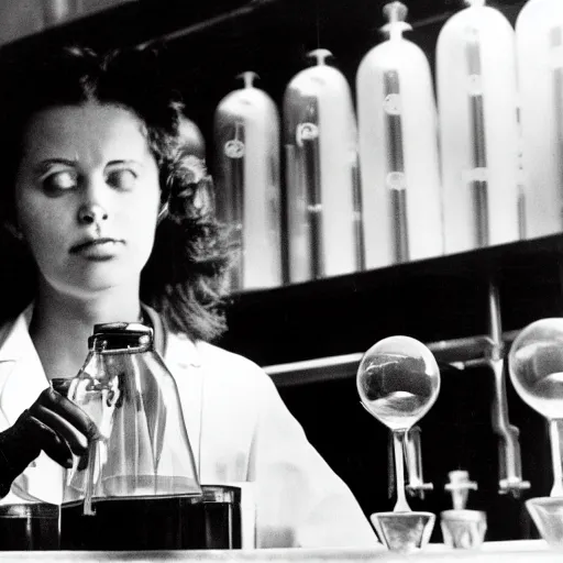 Image similar to image of a scientist drinking a bubbling concoction. she's swelling up with air and bursting out of her lab coat.