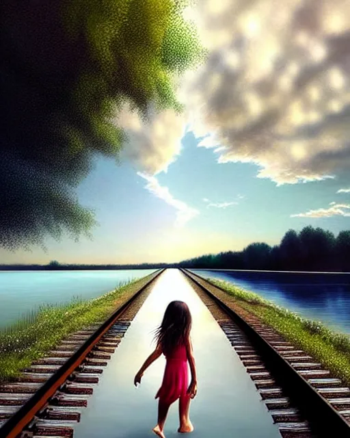 Image similar to a barefoot girl carries her shoes on a lake of reflective water and faintly visible submerged train tracks, water covers everything, large white clouds on a wide horizon, intricate, elegant, highly detailed, digital photo, artstation, concept art, smooth, sharp focus, low angle photo, art by artgerm and greg rutkowski and fra angelico