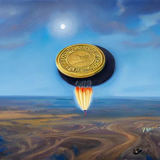 Prompt: a painting of a giant coin connected to a rocket shooting towards the moon