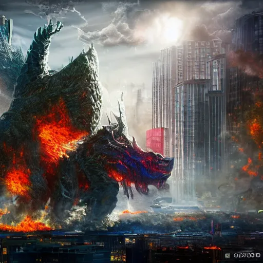 Image similar to destructive giant monsters in the city, photorealistic, highly detailed, sharp focus, vivid, colorful, symmetrical, random, convoluted, mind - blowing, creative, fully functional, end of the world, physics defying, amazing, cool