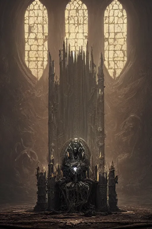 Prompt: Throne of the Shadow King, high fantasy, gothic, skulls, malice, dark atmosphere, detailed, cinematic, ornate, intricate carvings, cinematic lighting, artstation, Greg Rutkowski, Marc Simonetti, H R Giger, octane render, 8k