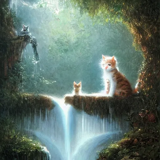 Image similar to two kittens watching the waterfall in the enchanted forest, fantasy, intricate, extremely detailed, face enhance, matte, artstation, art by greg rutkowski, louis wain, alan lee