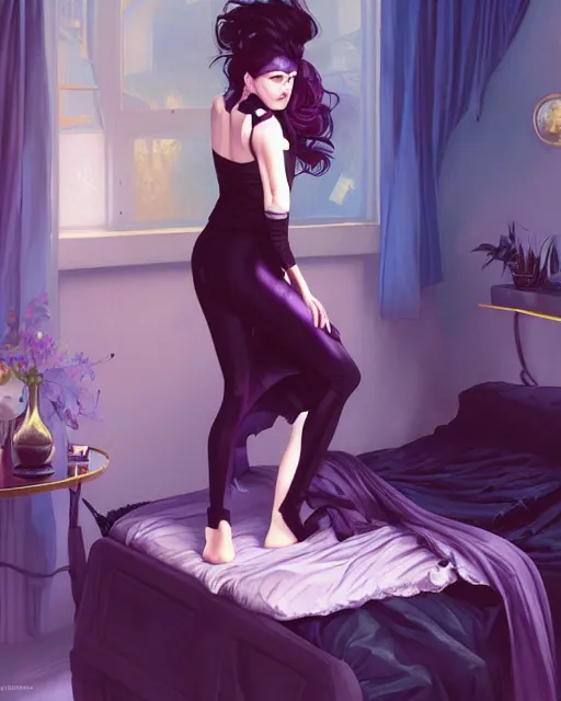 Image similar to emily rajtkowski, goth, posing, vaporwave, modern bedroom!!!!!, highly detailed, digital painting, artstation, concept art, smooth, sharp focus, illustration, art by artgerm and greg rutkowski and alphonse mucha