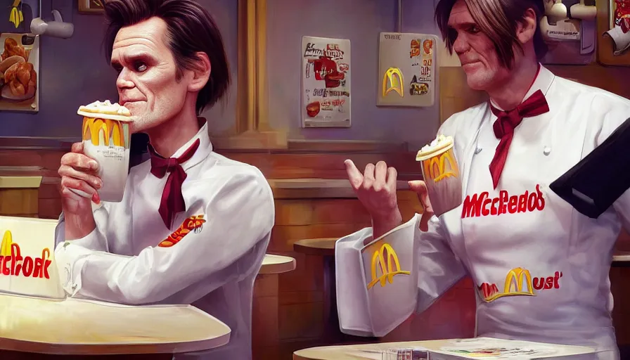 Image similar to Jim Carrey work as a waiter at Mcdonalds, hyperdetailed, artstation, cgsociety, 8k