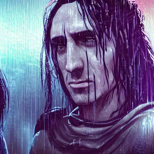 Image similar to An epic fantasy comic book style portrait painting of very imposing Industrial goths Trent Reznor and Miley Cyrus in the rain, wet hair, neon reflections, character design by Mark Ryden and Pixar and Hayao Miyazaki, unreal 5, DAZ, hyperrealistic, octane render, cosplay, RPG portrait, dynamic lighting, intricate detail, cinematic