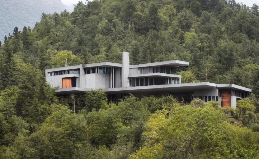 Prompt: victorian brutalist house on a secluded mountain with trees around