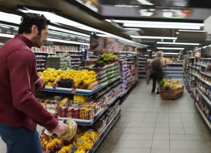 Image similar to film still of Wolverine going grocery shopping in the new X-Men movie, 4k