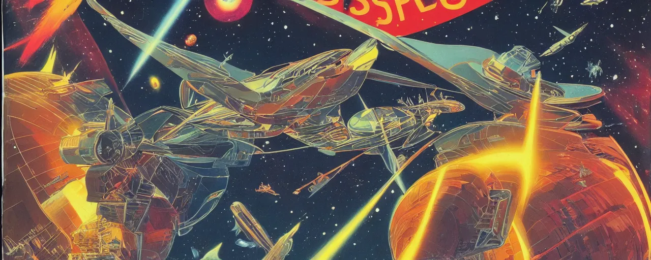 Prompt: illustrated by moebius and syd mead, epic orbital spaceship battle, butterfly nebulae, flash explosions, black hole, vintage cover of retro sci - fi magazine