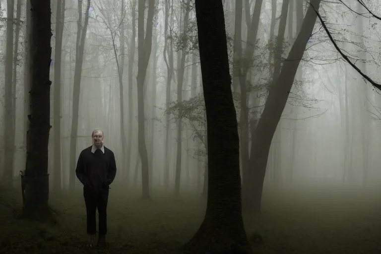 Image similar to a cinematic headshot portrait of a male scientist, in a spooky forest, fog, portrait, portrait, portrait, shrubbery, 8 k, detailed, backlight, deep focus, movie still, moody lighting, by werner herzog