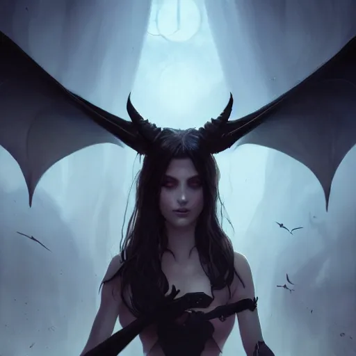 Image similar to a beautiful portrait of a succubus goddess with bats in the background and closed eyes by greg rutkowski and raymond swanland, trending on artstation, ultra realistic digital art