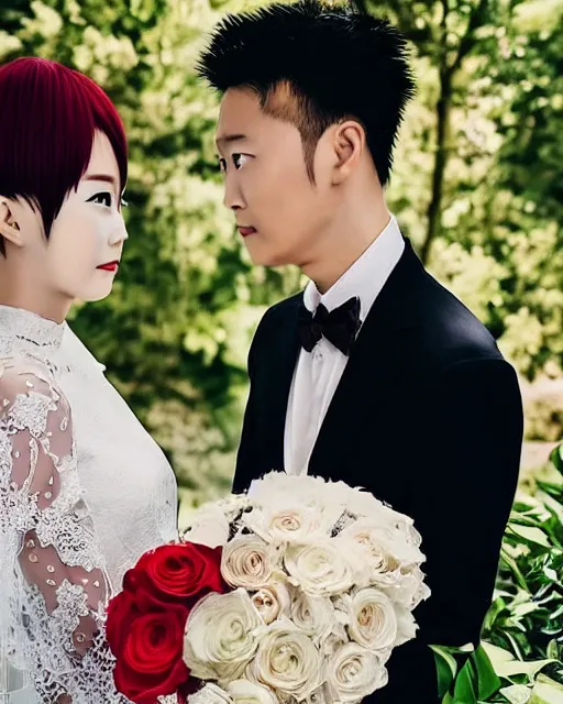 Image similar to saitama one punch man instagram couple's wedding photo shoot, closeup photo