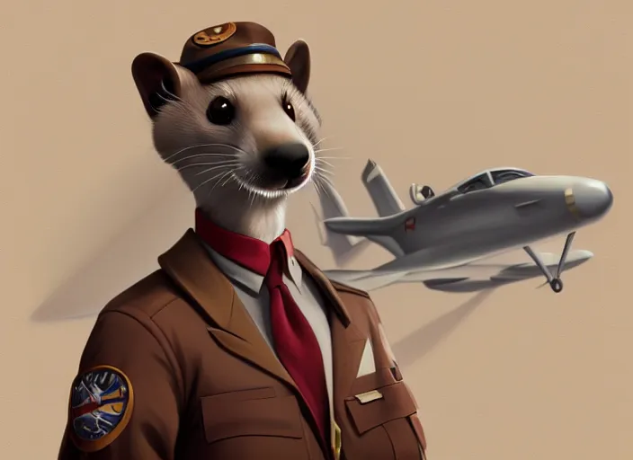 Image similar to character portrait feature of the anthro male anthropomorphic ferret fursona wearing airline pilot outfit uniform professional pilot character design stylized by charlie bowater, ross tran, artgerm, and makoto shinkai, detailed, soft lighting, rendered in octane, airport in background