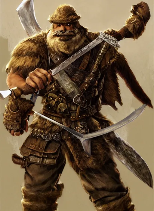 Image similar to strong young man, photorealistic bugbear ranger holding aflaming sword, black beard, dungeons and dragons, pathfinder, roleplaying game art, hunters gear, jeweled ornate leather and steel armour, concept art, character design on white background, by alan lee, norman rockwell, makoto shinkai, kim jung giu, poster art, game art