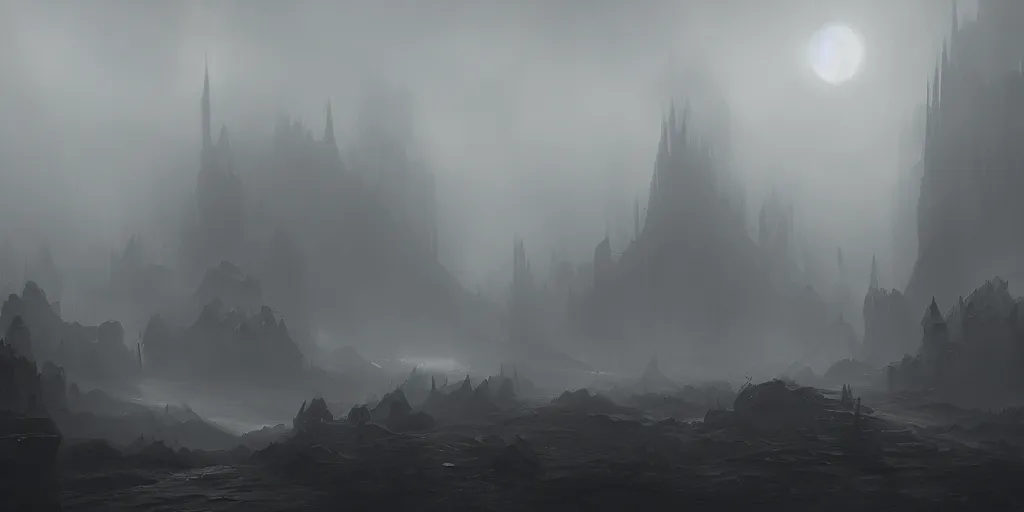 Image similar to fantasy depiction of the realm of shadows shrouded by mist trails, low saturation, high contrast, mostly greyscale, in the style of marcin rubinkowski, greg rutkowski, lorenzo lanfranconi, oleg zherebin, trending on artstation