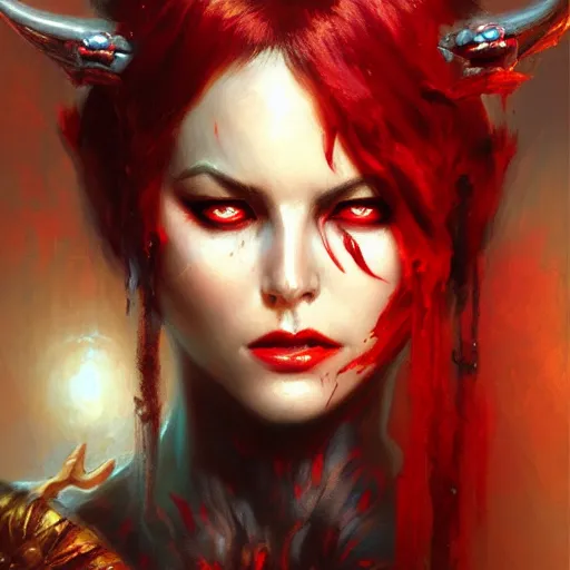 Prompt: attractive demon queen with red eyes painting by gaston bussiere, craig mullins, luis rollo, portrait, digital painting, highly detailed, artstation, sharp focus, illustration, concept art