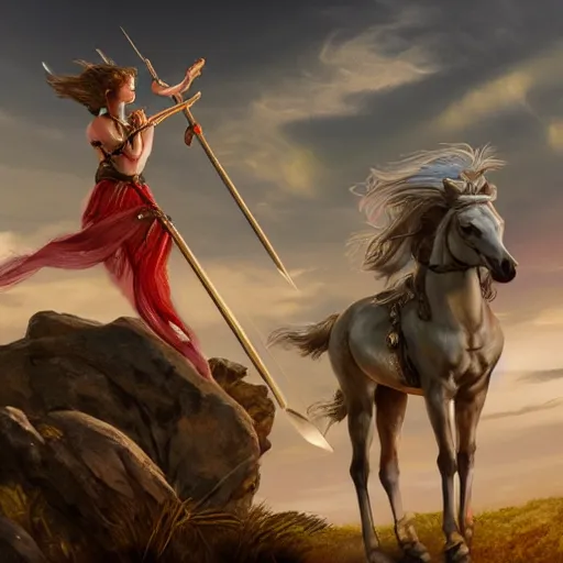 Image similar to Artemis, goddess of the hunt riding on top of a mythical crrature holding a spear. 4k, award winning, concept art, high quality