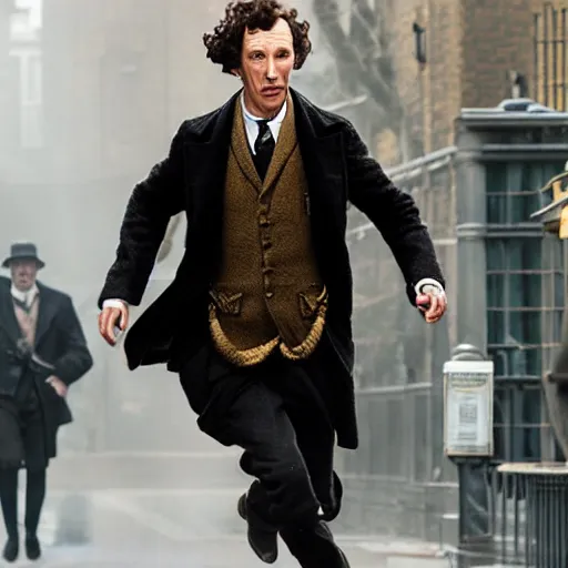 Image similar to [UHD candid photo of Sherlock Holmes running down the streets of futuristic steampunk London, correct face, accurate details, graphic detail, sharp focus by Annie Leibowitz]