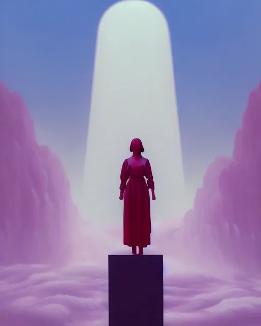 Image similar to a painting of a woman standing in front of a statue, a screenshot by stanley twardowicz, cgsociety, aestheticism, aesthetic, vaporwave, anime aesthetic