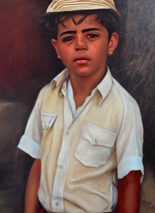Prompt: portrait of a handsome cuban boy in old havana, painting by bob byerly and manuel sanjulian, oil on canvas, hyperrealism