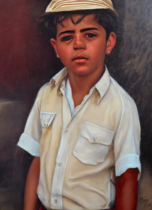 Image similar to portrait of a handsome cuban boy in old havana, painting by bob byerly and manuel sanjulian, oil on canvas, hyperrealism