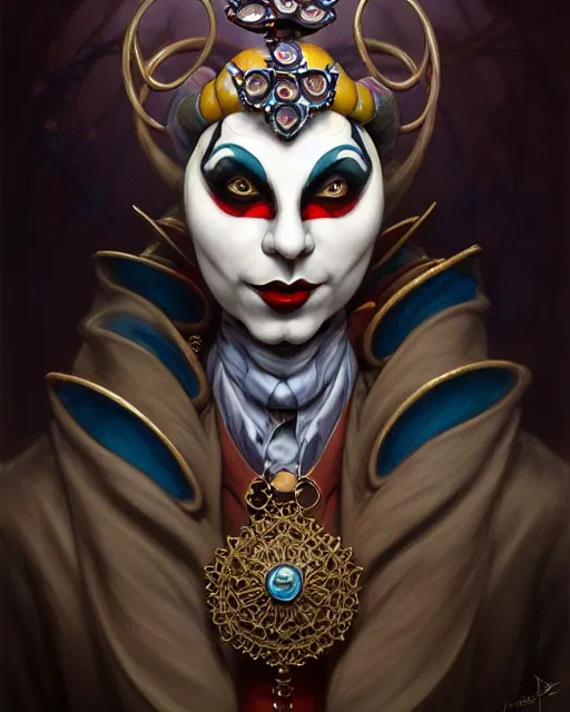 Image similar to front shot of a jester harlequin mastermind character, intricate, elegant, highly detailed, centered, (((artstation, concept art, smooth, sharp focus, artgerm, Tomasz Alen Kopera, Peter Mohrbacher, donato giancola, Joseph Christian Leyendecker, WLOP, Boris Vallejo))), mugshot!!!!!, ugly!!!!!!, octane render, nvidia raytracing demo, grainy, muted