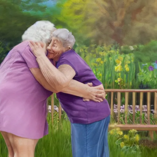 Prompt: A photo of 95-year-old lady hugging her 75-year-old daughter in a garden, concept art, trending on art station, 4k, 8k, high detailed, photorealistic