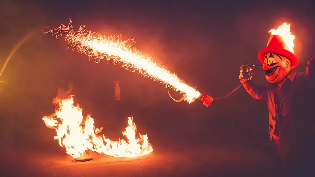 Image similar to photo of a clown using a flamethrower projecting a long bright flame towards a dumpster fire. award-winning, highly-detailed, 8K