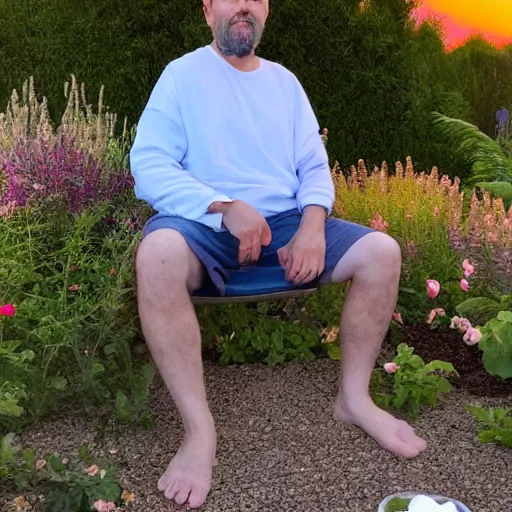 Image similar to My giga Chad dad is smoking weed and have good time being gracefully relaxed in the garden, sunset lighting