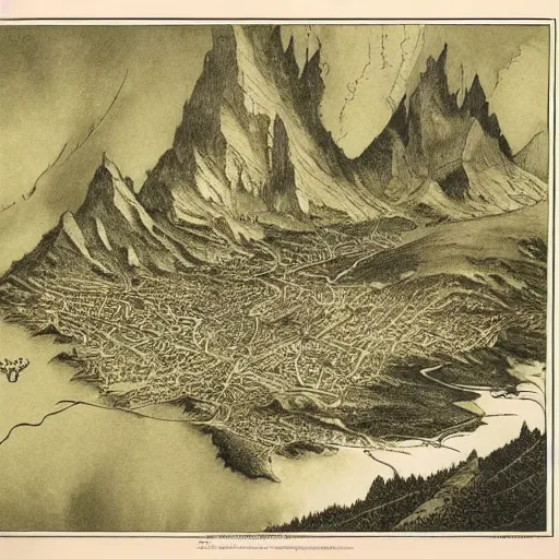 Image similar to a beautiful vintage drawing of a map of a fantasy world seen from above with mountains, rivers and cities, satellite view by edmund dulac and gustave dore, trending on artstation