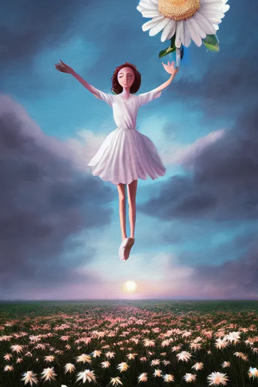 Image similar to giant white daisy flower as head, girl dancing in a flower field, surreal photography, sunrise, dramatic light, impressionist painting, colorful clouds, digital painting, artstation, simon stalenhag